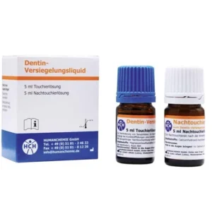 Dentin-Versiegelungsliquid Flaschen mit blauer und weißer Verschlusskappe neben Verpackung.