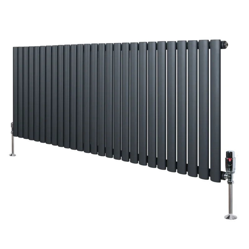 Gliederheizkörper in Anthrazitgrau mit TRV Chromventilen, 600mm x 1620mm, aus robustem Metall, mit schlanker, moderner Linienführung und mattem Finish
