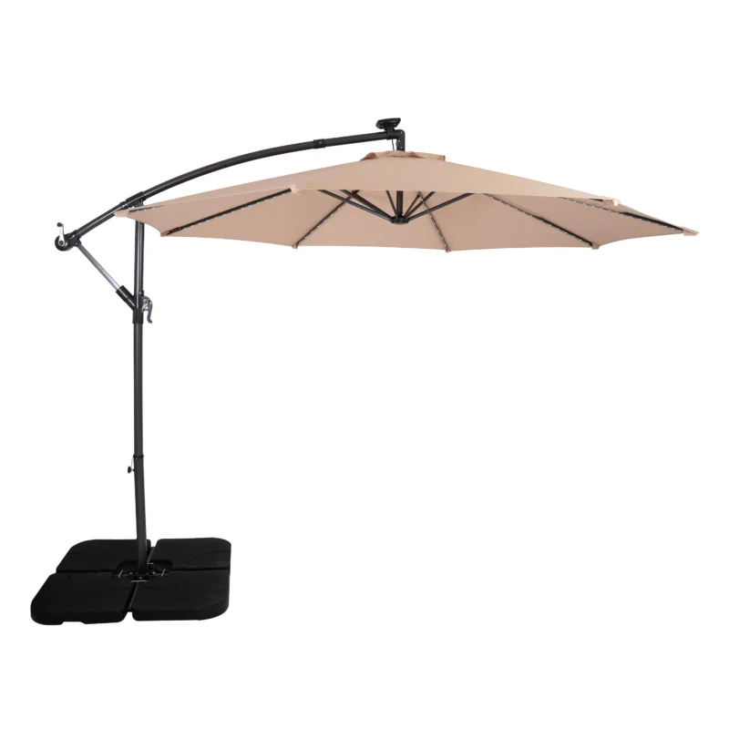 LED Ausleger-Sonnenschirm 3m mit Quadratischem Beschwerungsfuß – Beige