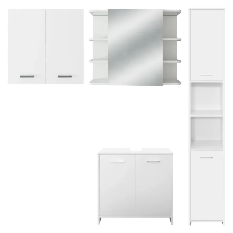 Ein weißer Schrank mit Spiegel und zwei Schranktüren.