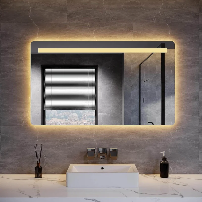SONNI Badezimmerspiegel mit Beleuchtung, Kosmetikspiegel, Wandspiegel, linearem Lichtstreifen, DREI Farbtemperaturen + stufenloses Dimmen + Steckdose, beschlagfrei, Dual-Touch, Badspiegel - Sonni Sanitär GmbH