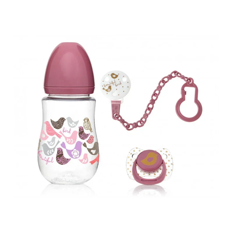 Set aus Babyflasche, Schnuller und Clip - Rosa