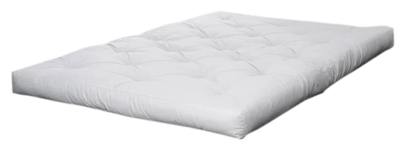 Matratze COMFORT FUTON Natural / Black in Gesamtansicht mit gesteppter weißer Oberfläche.