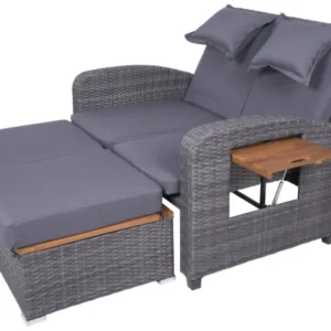 Multifunktions-Sofa BARI Gartensofa mit ausziehbarem Liegeelement, integrierten Holztischen und grauem Bezug.