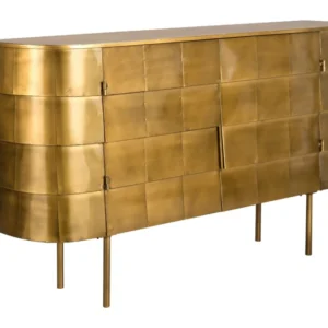 Sideboard Hanna in Goldoptik mit geschwungener Form und quadratischen Metallfelderin Gesamtansicht.
