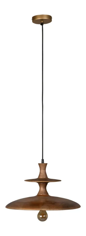 Pendelleuchte Cath L Walnut aus Mangoholz in Gesamtansicht mit bronzefarbenem Baldachin und langem Stahlseil.