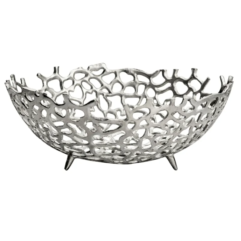 Obstschale Rund Silber 46 cm aus Aluminium mit durchbrochener Korallen-Optik in Gesamtansicht.