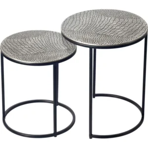 Satztisch 2er Set rund in Silber, Gesamtansicht beider Tische mit strukturierter Aluminiumplatte und schwarzem Eisengestell.
