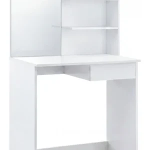 Schminktisch Wohnling 75 cm Weiß mit integriertem Spiegel, zwei Ablagefächern und Schublade in Gesamtansicht.