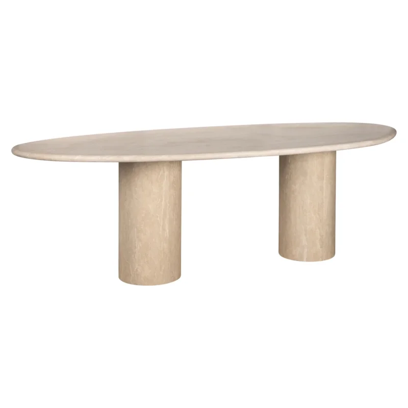 Esstisch Alexander Jones Renaissance in Beige mit ovaler Travertin-Platte und zylindrischen Stützen, Gesamtansicht.