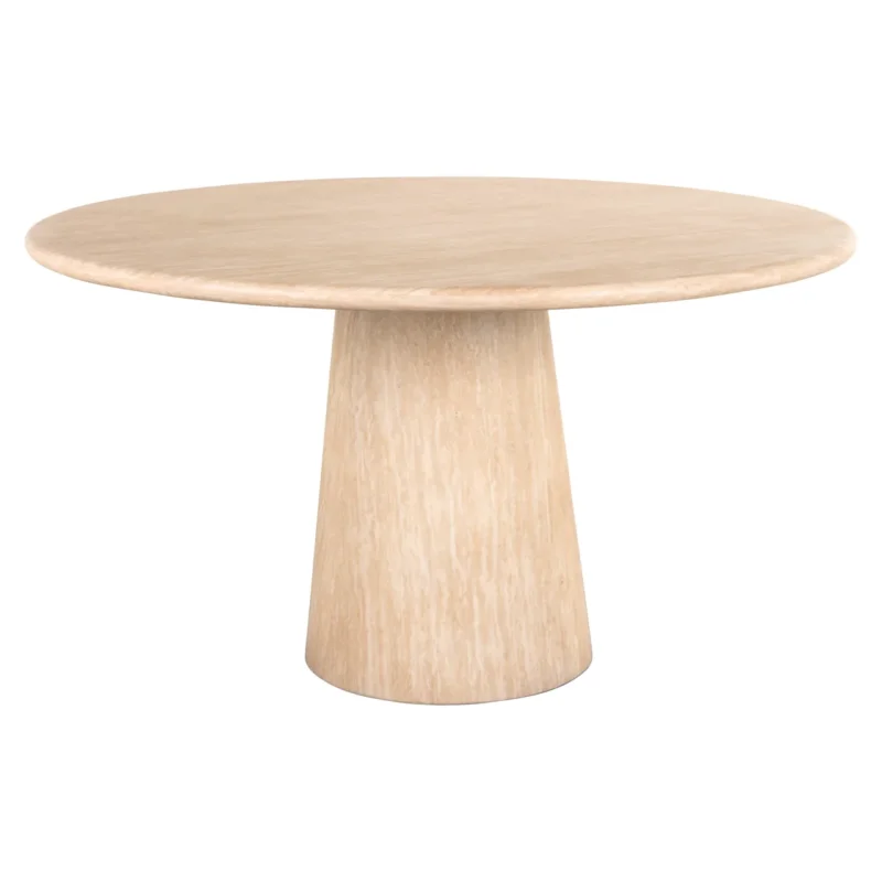 Esstisch Fictus Ø140 cm Faux Travertin beige – Richmond Interiors mit runder Platte und konischem Gestell in Gesamtansicht.