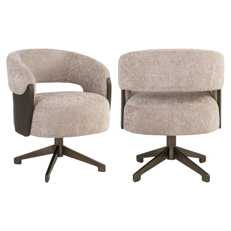 Esszimmerstuhl Pollux Sand Oak Richmond mit beigem Polyester-Bezug und dunklem Holzgestell, Vorderansicht und Rückansicht.
