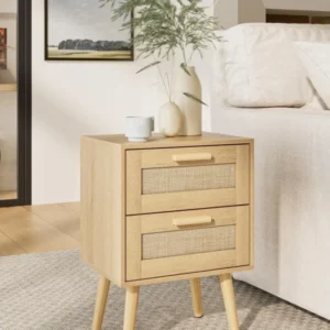 Nachttisch Rattan mit Schublade Holz Beine Schlafzimmer Wohnzimmer