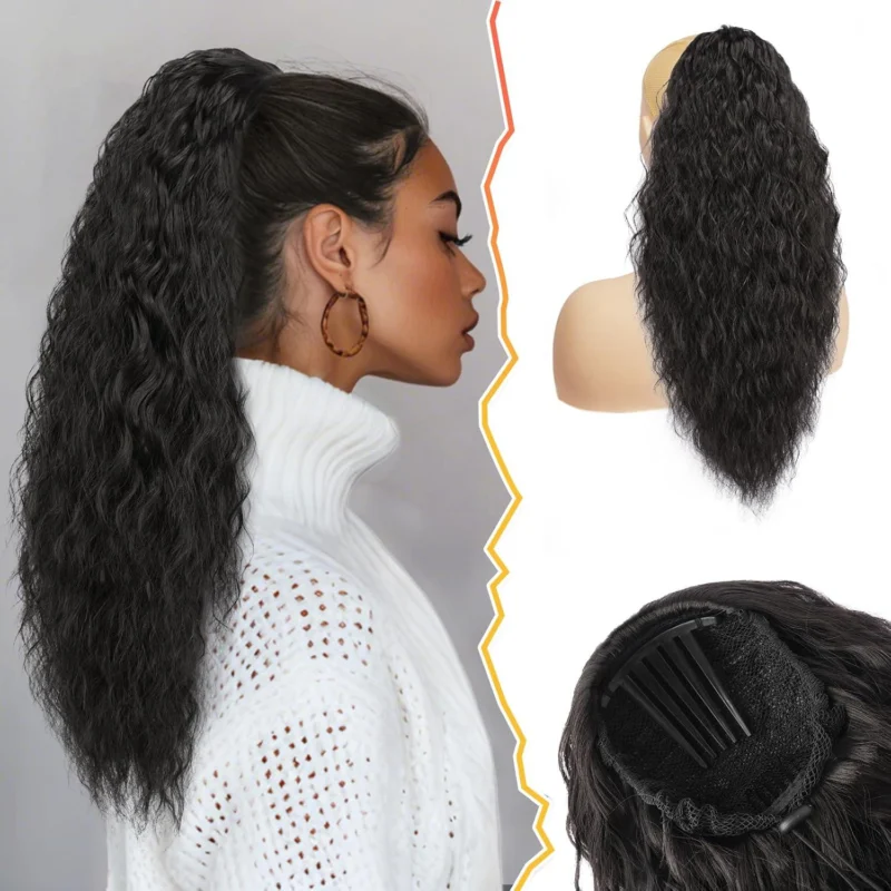 Lockige Ponytail Extension 56cm Schwarz Braun Hitzebeständig