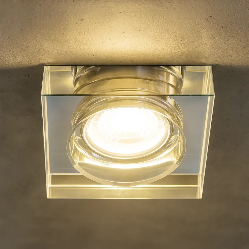 Einbaustrahler Cristal aus Glas Eckig Ø90mm IP20 GU5,3 12V inkl. GU10 Fassung 230V | extra-flach | dimmbar