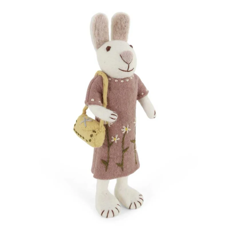Gry & Sif - Großer weißer Hase Filz mit lavendelfarbenem Kleid & Tasche