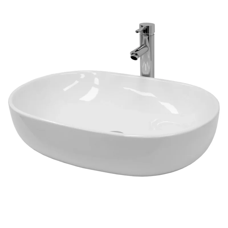 Ein ovales, weißes Waschbecken mit einem modernen Wasserhahn.