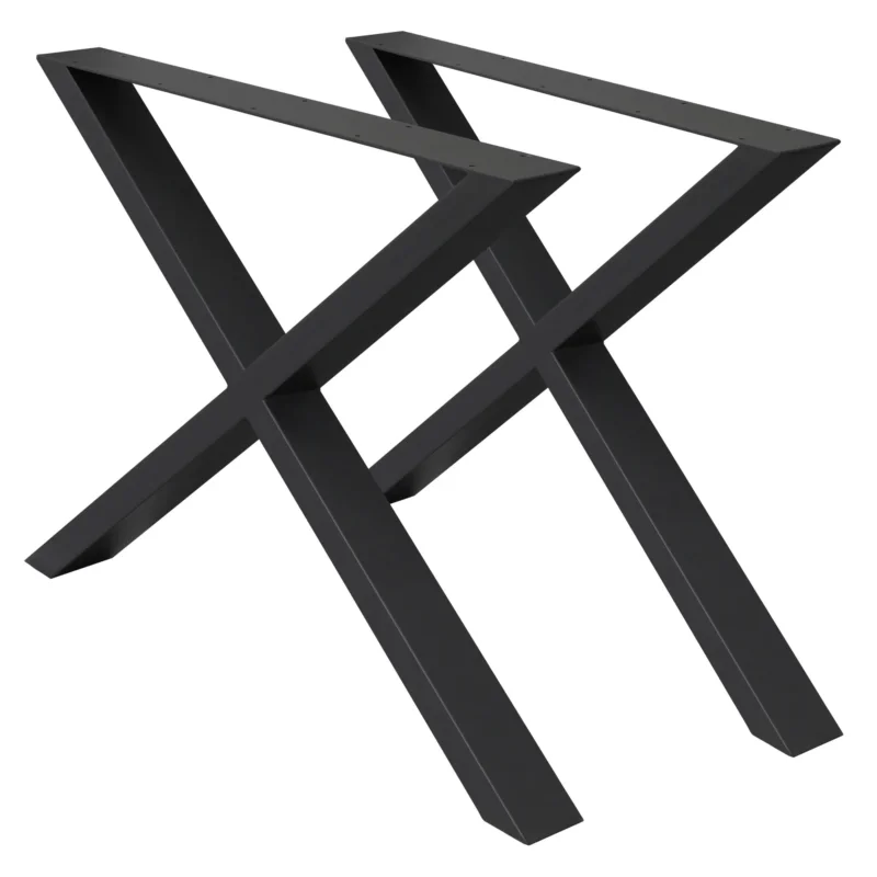 Zwei schwarze Tischbeine in X-Form auf hellem Hintergrund.