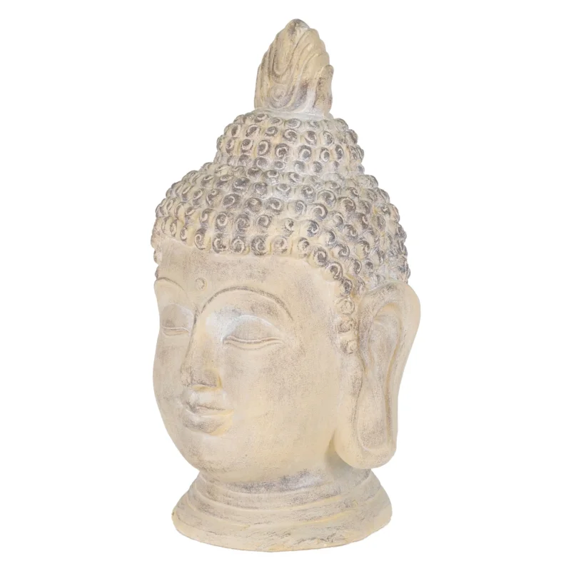 Buddha-Kopf aus hellem Material, frontal betrachtet.
