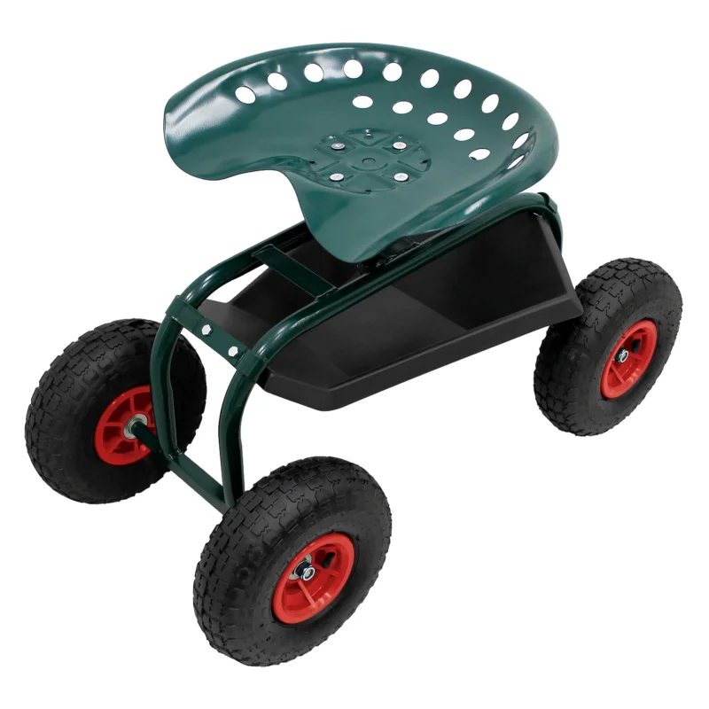 Grünes Gartenfahrzeug mit großen Rädern und ergonomischem Sitz.