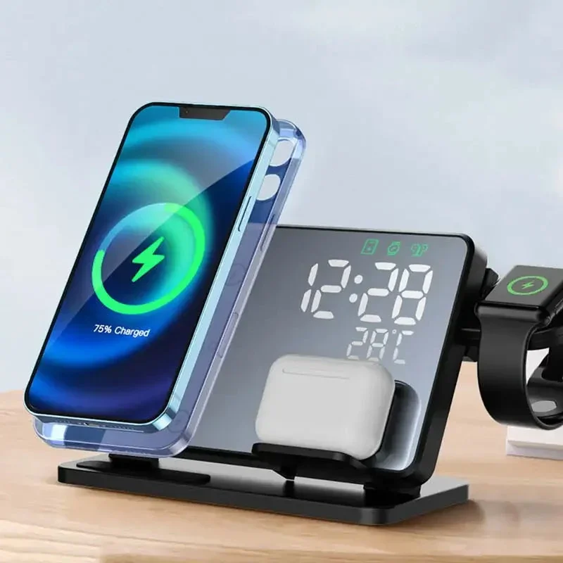 3-in-1 Schnellladegerät | Premium Wireless Schnelllade-Dockingstation mit Wecker | für Apple iPhone, Watch & AirPods