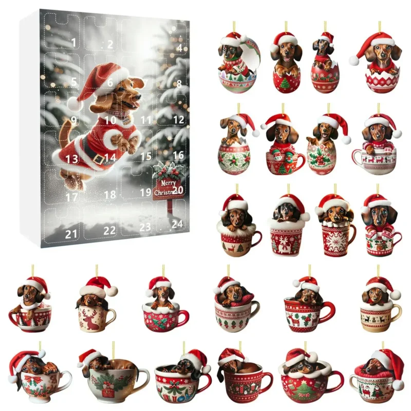 Brehn | Weihnachts-Adventskalender mit Dackel-Thema – 24-Tage-Countdown und dekoratives Acryl-Design