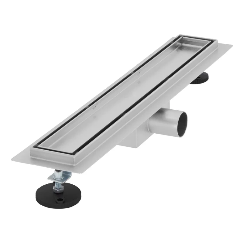 Langer, flacher Duschablauf aus Metall mit Gummifüßen.