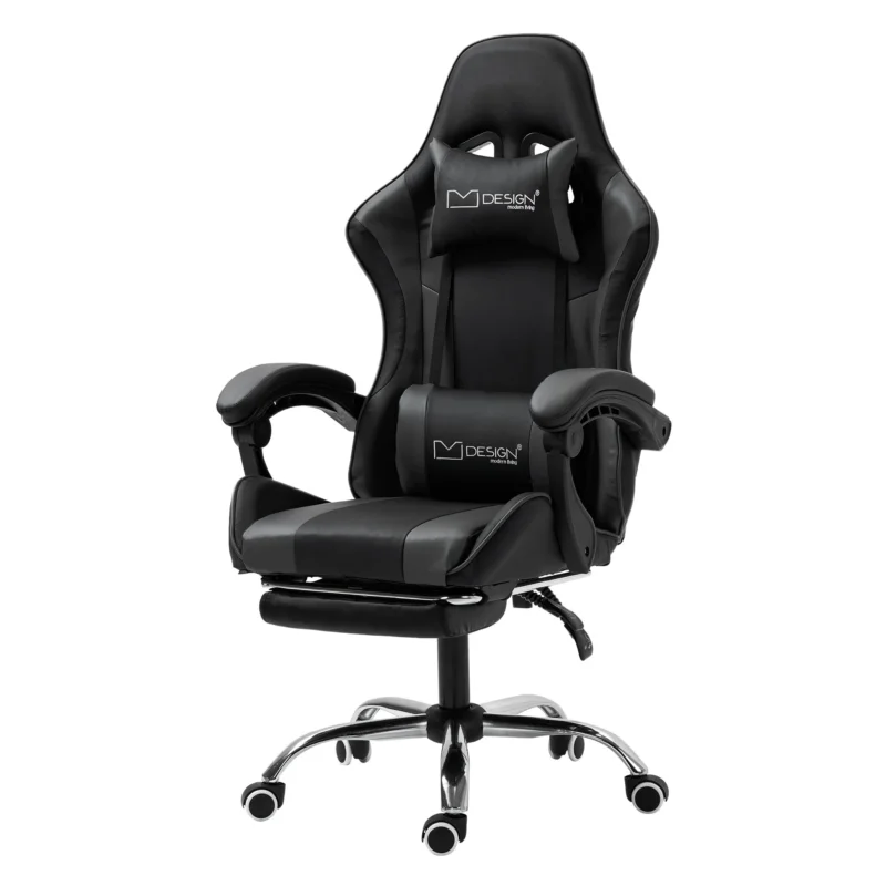 Schwarzer Gaming-Stuhl mit Kopf- und Nackenstütze auf einem drehbaren Fuß.