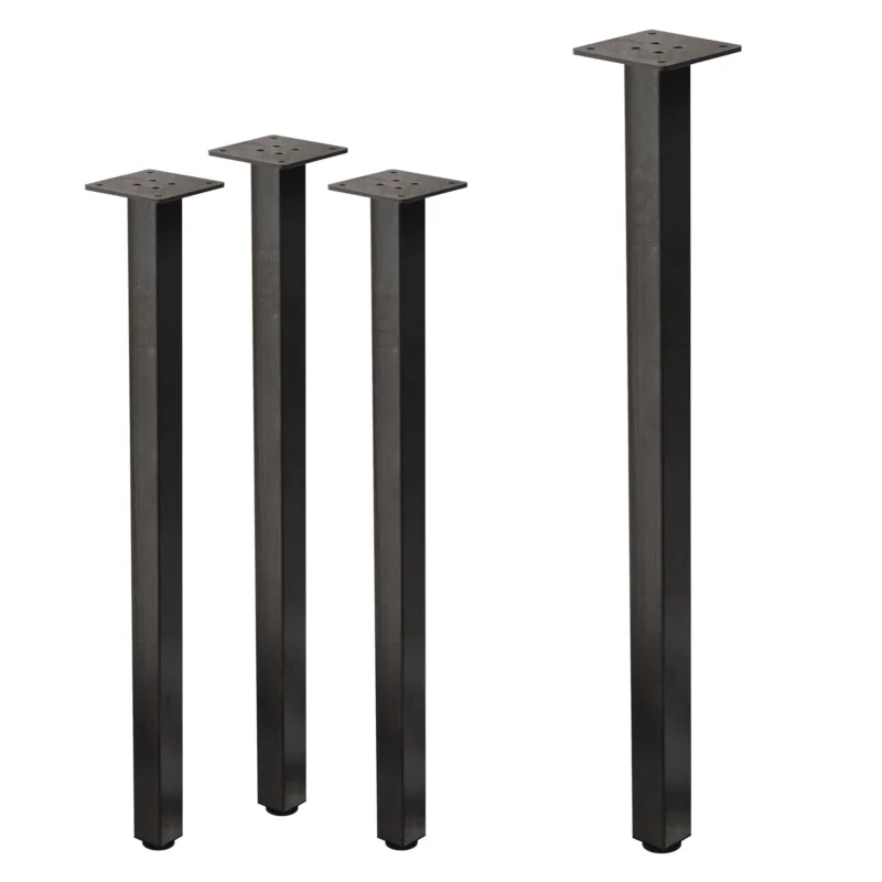 Vier hohe, schwarze Tischbeine mit Montageplatten.