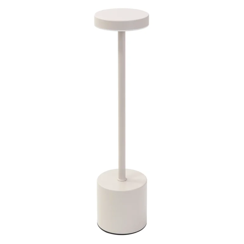 Stehlampe mit runder Oberseite und zylindrischem Sockel in Weiß.