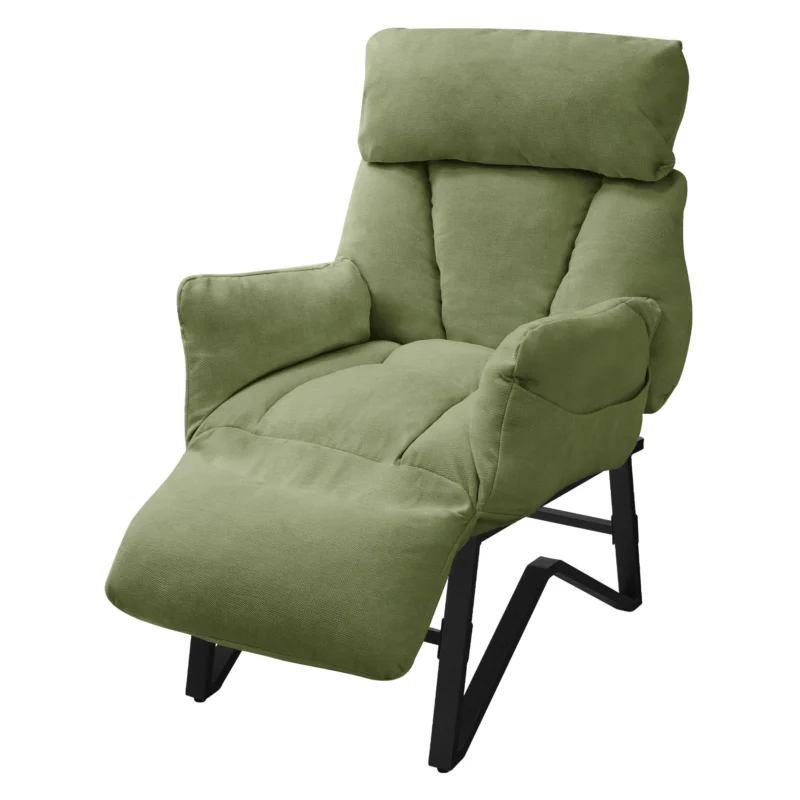 Grüner Sessel mit Kopfstütze und Armlehnen, gepolstert und mit Fußstütze.