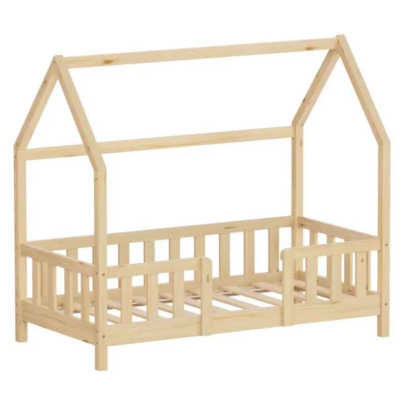 Holzrahmenbett in Hausform, ohne Matratze, aus massivem Kiefernholz.