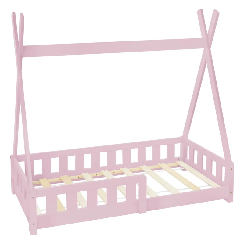 Rosa Kinderbett aus Holz mit Lattenrost und stabiler Konstruktion.