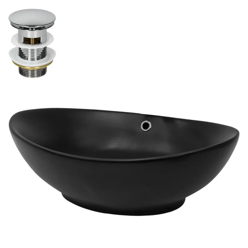 Schwarze, ovale Waschschüssel mit seitlichem Loch und Abfluss.