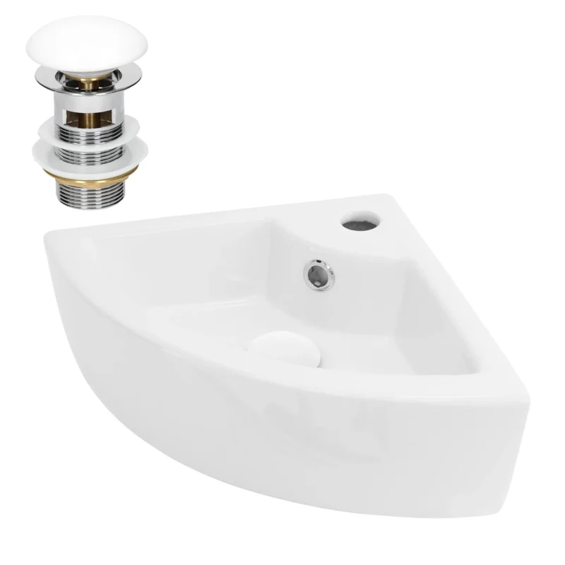 Weißes, eckiges Waschbecken mit Abflussstopfen.