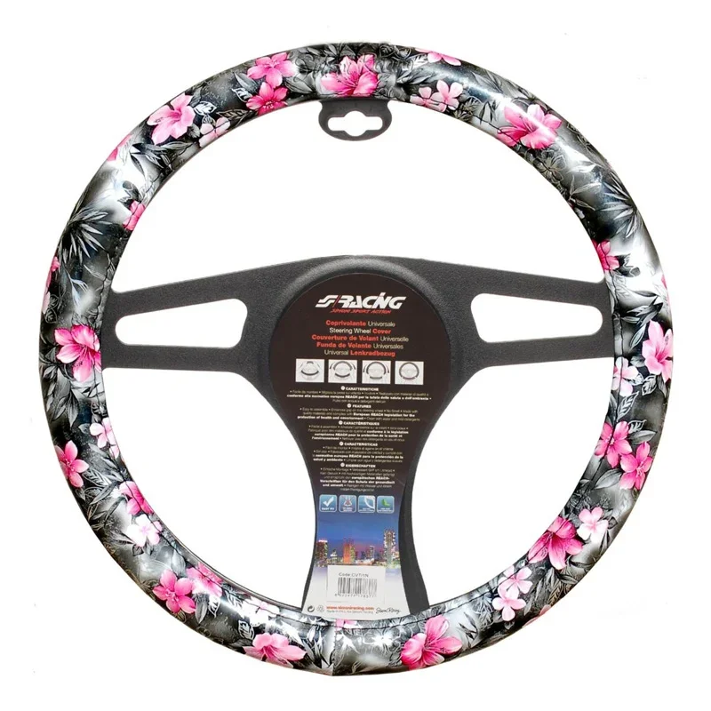 Simoni Racing, Lenkradbezug Flower - Schwarz Ökoleder/Rosa - 37-39cm, Textil, Rosa, Schwarz