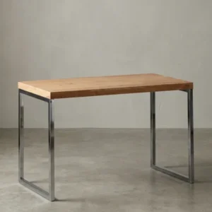 Schreibtisch aus honigfarbenem Akazie-Massivholz mit Handarbeit auf neutralem Betonhintergrund Frontalansicht 60x120x76 cm_#sku_BARWL1.788#