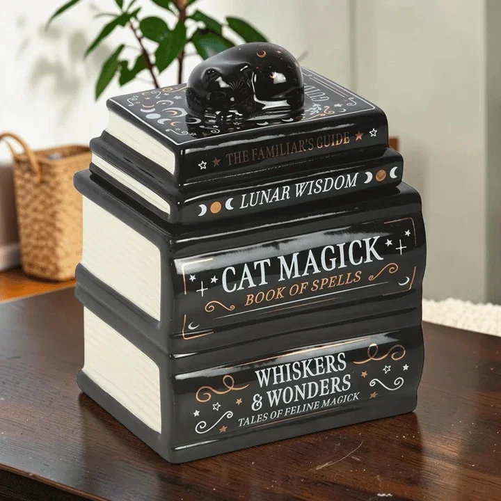 Schwarze Katze Duftlampe Bücherstapel – Witchy Öl & Wax Wärmer