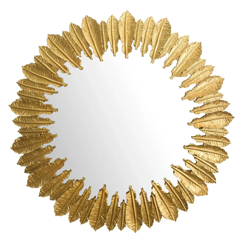 Wandspiegel Federn 68 cm Metall Design Hängespiegel Gold - Eisen Dekospiegel Rund - Spiegel Wand Groß - Flurspiegel Garderobenspiegel Modern_#sku_SAFWL7.121#