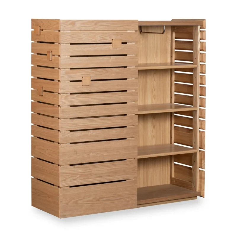 Moderner Aufbewahrungsschrank in Esche natur, Regal & Schrank 2in1 mit offener und geschlossener Seite für stilvolle Kinderzimmer.