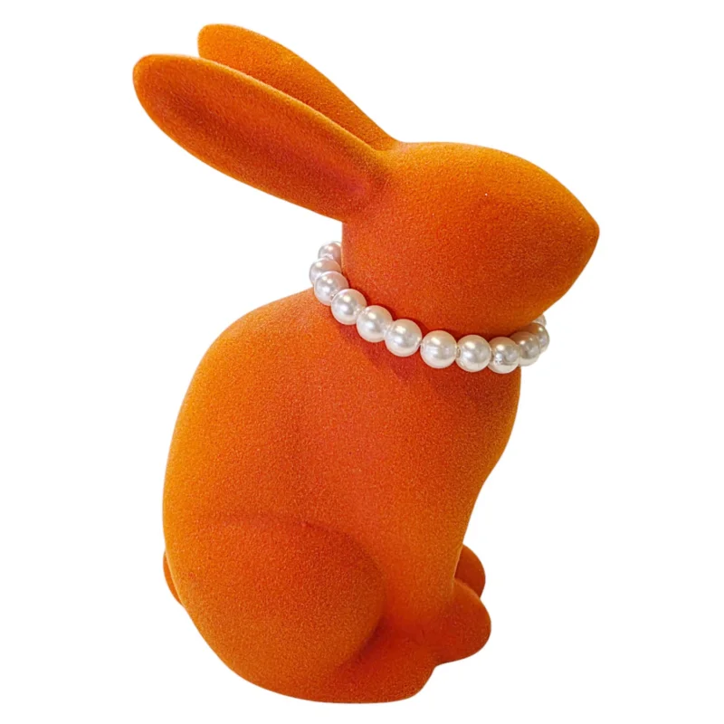 Osterhase mit Perlenkette Orange Steingut beflockt Dekohase Hase Osterdekoration modern