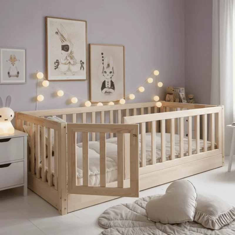 Baby Bodenbett Bambino mit erhöhtem rundum Schutzgitter & Tür aus hellem Holz, sicher und gemütlich im stilvollen Kinderzimmer.