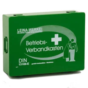Betriebsverbandkasten DIN 13169 aus grünem Stahlblech mit weißem Kreuzsymbol.