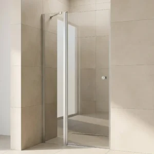 Match Drehtür mit festem Glas-Seitenteil für die Nische, klares 6 mm ESG-Glas und satiniertes Aluminium-Wandprofil, in einer hell gefliesten Duschnische montiert