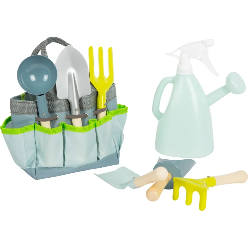 Gartentasche mit 7 Gartenwerkzeugen in freundlichen Farben, ideal für Kinder zum spielerischen Entdecken im Garten von Kindersein.