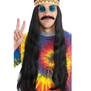 Schwarze Hippie Perücke mit Haarband