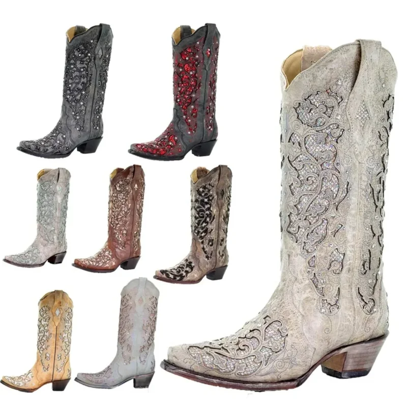 Funkelnde Stiefel mit Spitze und Farbblock-Design