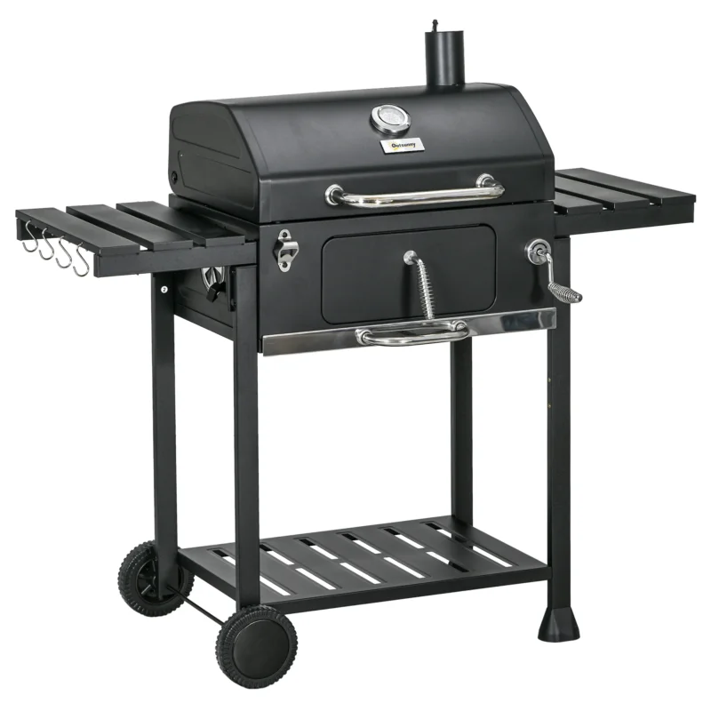 easycomfort easycomfort barbecue a carbone con coperchio con termometro griglia regolabile ruote e tavolini nero