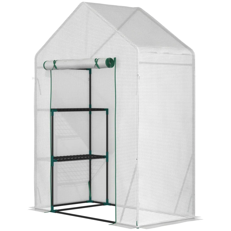 easycomfort easycomfort serra da giardino in pe e acciaio per esterni con 2 scaffali e porta avvolgibile 143x73x195 cm bianco