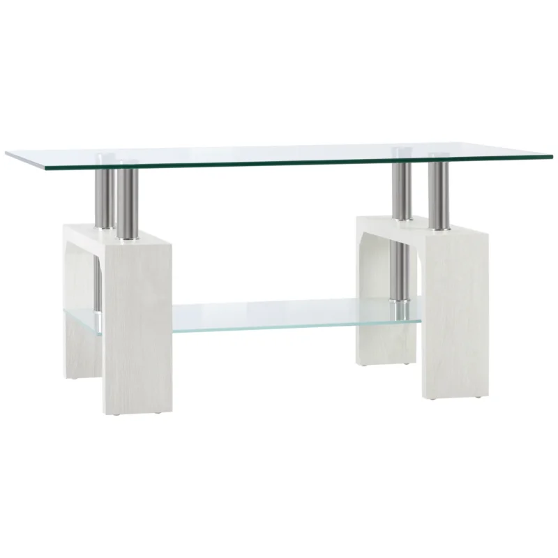 easycomfort easycomfort tavolino da caffe moderno a 2 livelli in vetro e legno 90x50x42cm bianco